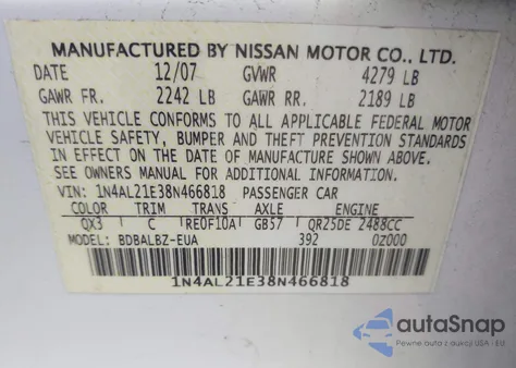 2008 Nissan Altima 2.5 S from USA, damaged, VIN 1N4AL21E38N466818
